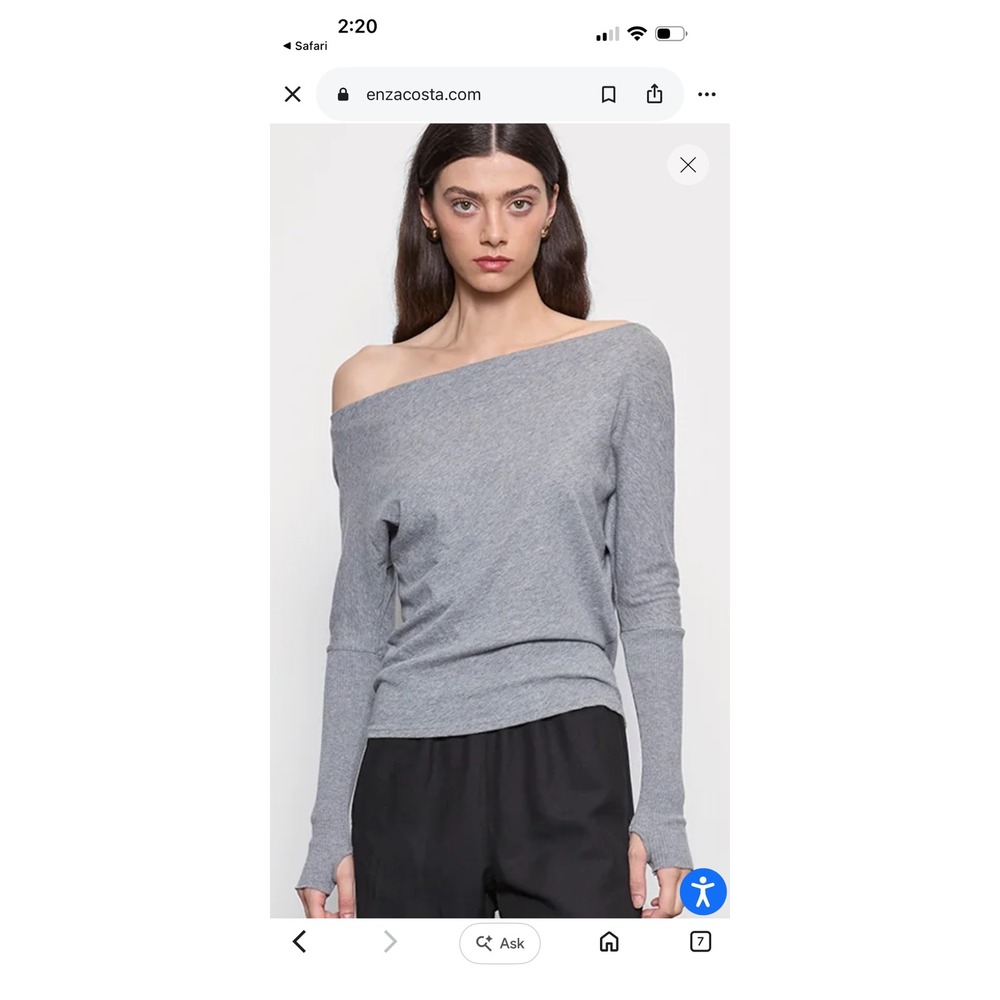 Enza Costa Grey Cotton Cashmere Off Shoulder Cardigan Top Thumbholes Size M